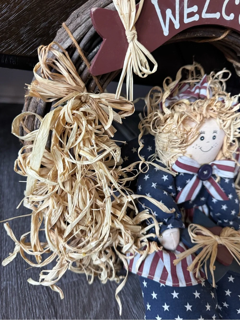 Vintage Folk Art American Doll Door Wreath Stars & Stripes Home Decor Classic